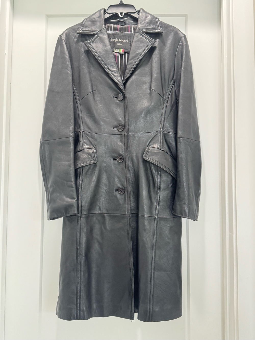 Sergio Tacchini Black Leather Button-Front Coat
